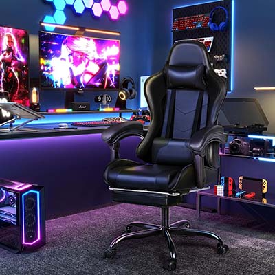 Furmax Gaming Chair, Video Game Chair with Footrest and Massage Lumbar Support, Swivel Seat Height Adjustable Computer Chair with Headrest, Racing E-Sport Gamer Chair (Black)