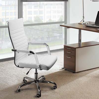 Furmax Ribbed Office Desk Chair Mid-Back PU Leather Executive Conference Task Chair Adjustable Swivel Chair with Arms (White)