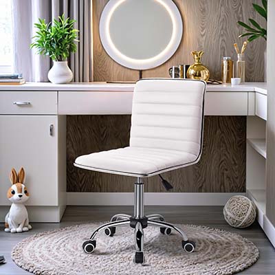 Furmax Mid Back Vanity Chair for Makeup Room, Low Back PU Leather Swivel Computer Desk Chair, Task and Office Chair Retro with Armless Ribbed (White)