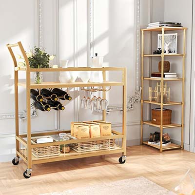 Furmax Bar Cart Gold Home Industrial Mobile Bar Cart Serving Wine Cart on Wheels with Wine Rack and Glass Holder 2 Storage Shelves, Beverage Cocktail Cart for The Home Kitchen Dining Party