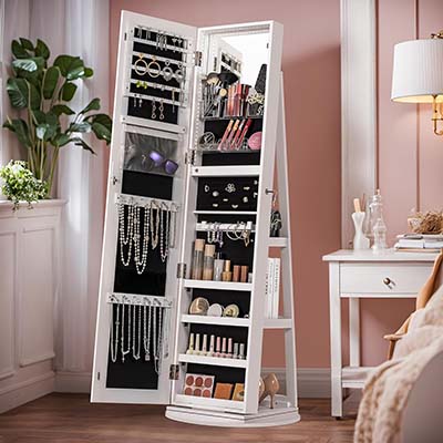 Furmax 360° Swivel Mirror Jewelry Cabinet with Lights, Standing Lockable Jewelry Armoire Organizer with 61 Inches Full Length Mirror, Inside Lighted Makeup Mirror, Jewelry Storage Cabinet, White