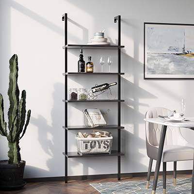 Furmax 5-Shelf Bookcase Wall Mount Bookshelf Modern Ladder Shelves with Wood Board and Industrial Metal Frame, for Home Office, Living Room, Bedroom, Entryway and Hallway (Black)