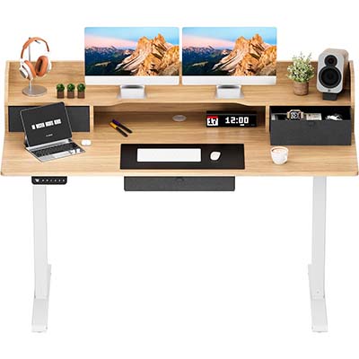 Furmax Height Adjustable Electric Standing Desk with Triple Drawers 55 x 24 Inches Stand Up Desk with Large Storage Shelf Memory Preset Sit Stand Desk, Maple