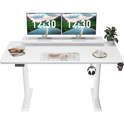 Furmax Electric Standing Desk with Monitor and Laptop Workstation, 63 x 27 Inches Height Adjustable Sit Stand Up Desk, Computer Workstation with Cup Holder and Hook, Holes for Cables, White