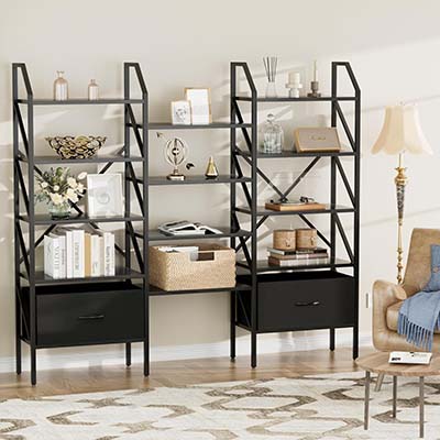 Furmax Triple Wide 5 Tiers Bookshelf, Modern Industrial Open Bookcase with 2 Storage Drawers, Large Tall Storage Shelves with Wood Board and Metal Frame for Living Room, Home Office, Black