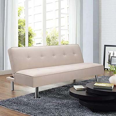 Furmax Convertible Sofa Bed Folding Futon Sofa Bed Modern Upholstered Sleeper Couch for Compact Living Room Fabric Home Recliner Sofa with Sturdy Metal Legs (Beige)